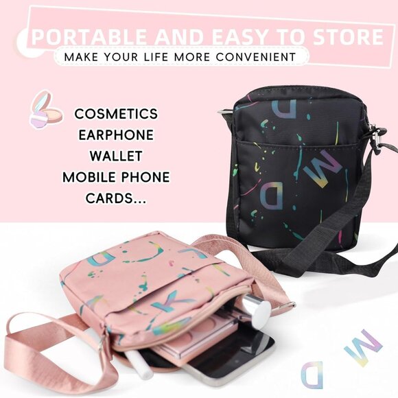 Black Nylon Oxford Cloth Crossbody Phone Purse with Letter Print, Compact and Ad - Picture 4 of 6